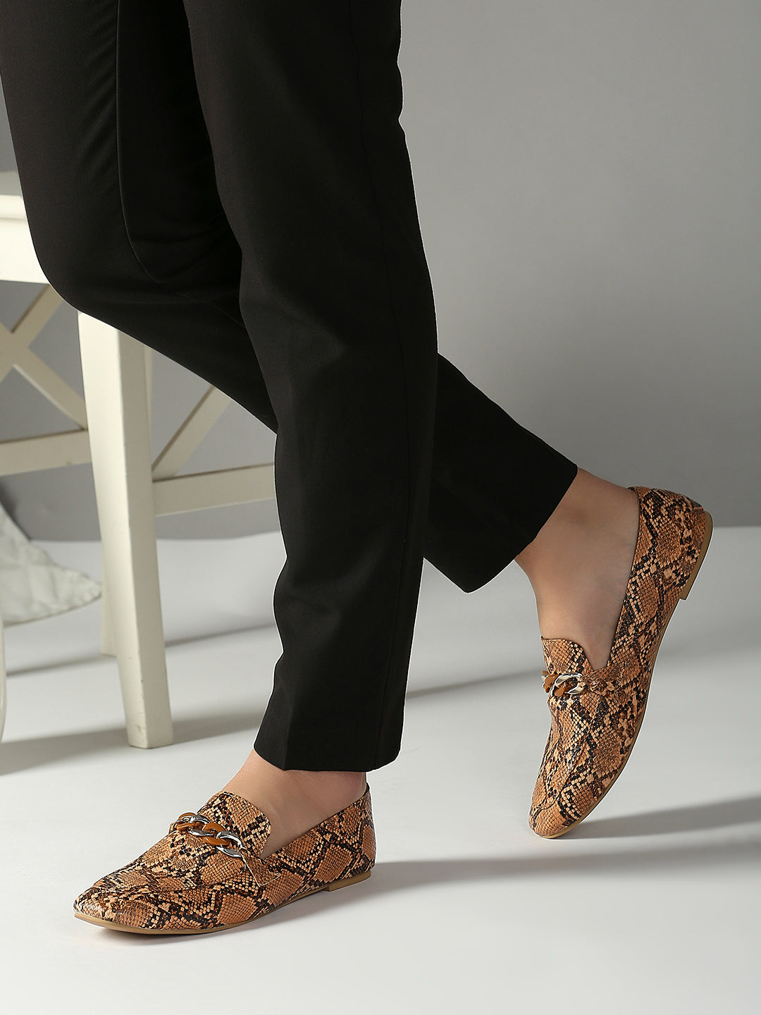 Womens Tan Casual Printed Pointed Slip on Ballerina