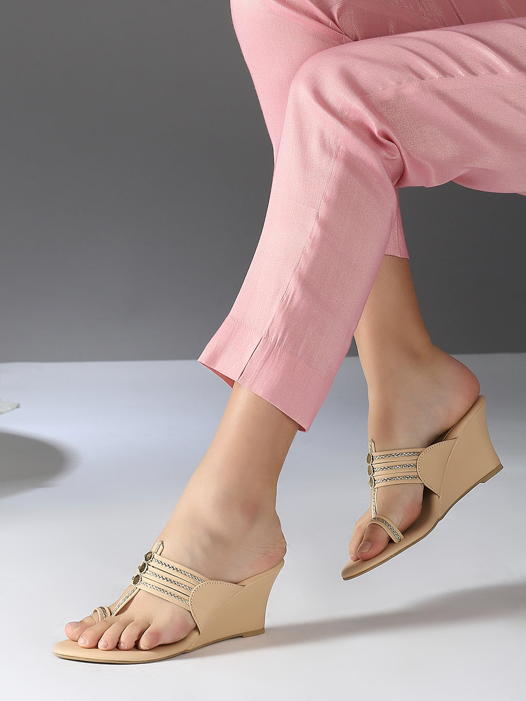 Womens Beige Party Wear Solid Round Toe Heels