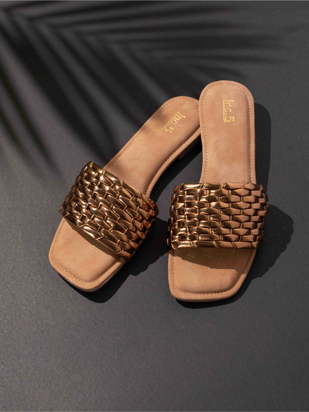 Womens Gold Casual Solid Square Flats