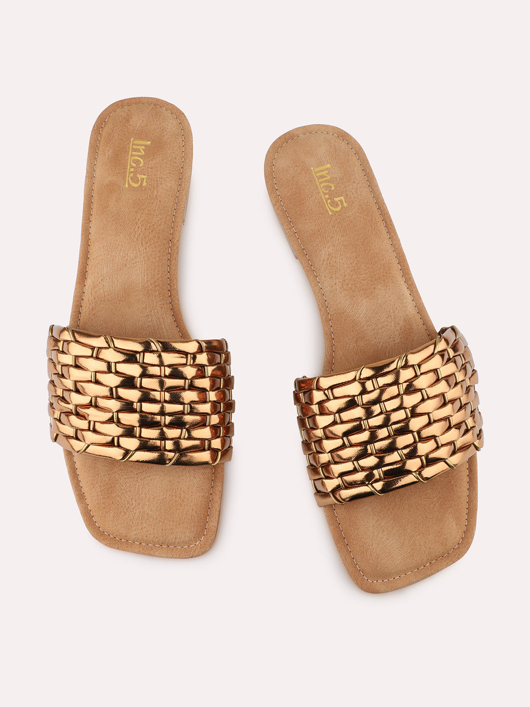 Womens Gold Casual Solid Square Flats