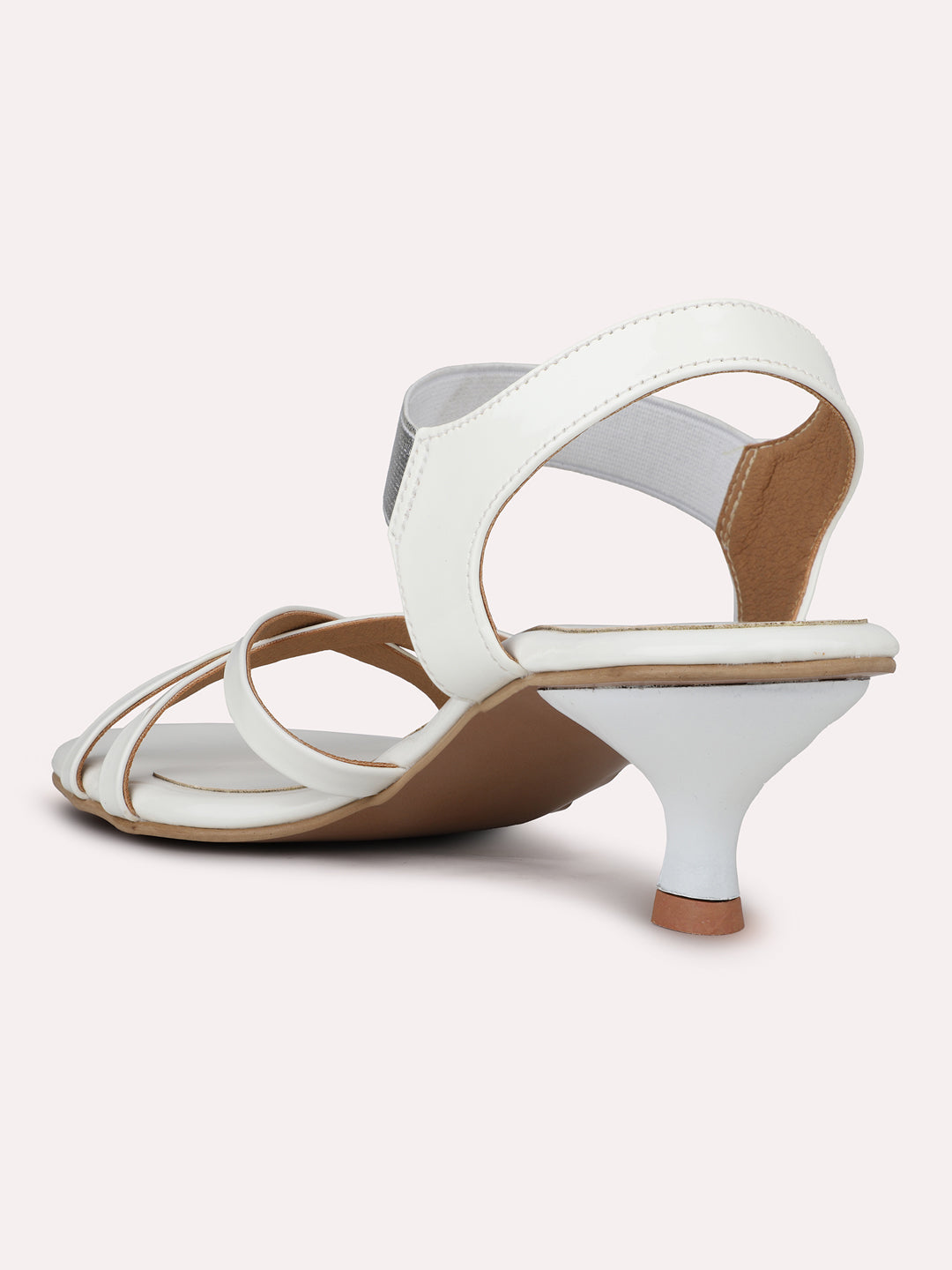 Womens White Party Wear Striped Round Toe Heels