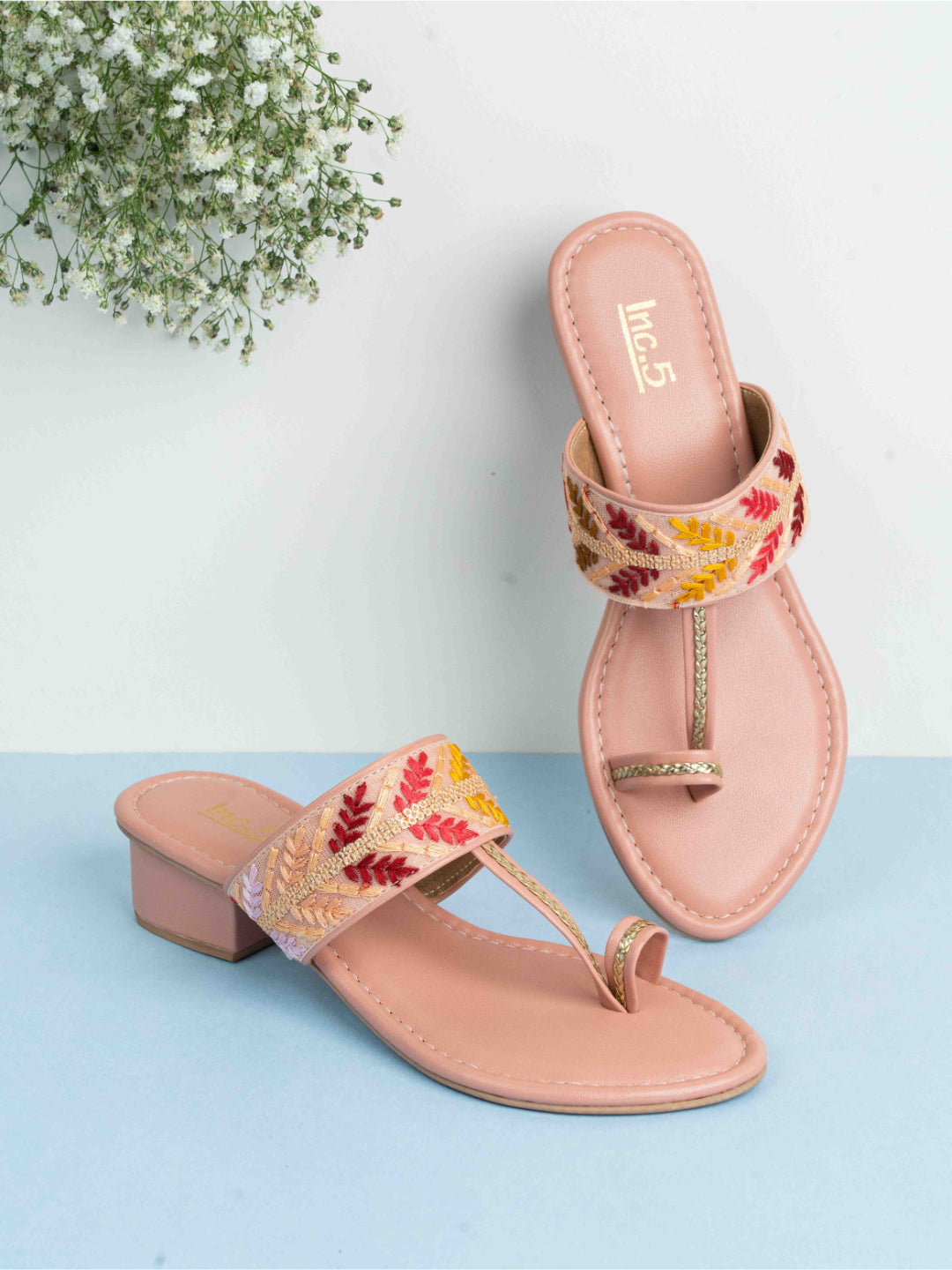 Womens Peach Ethnic Embellished Block Heels