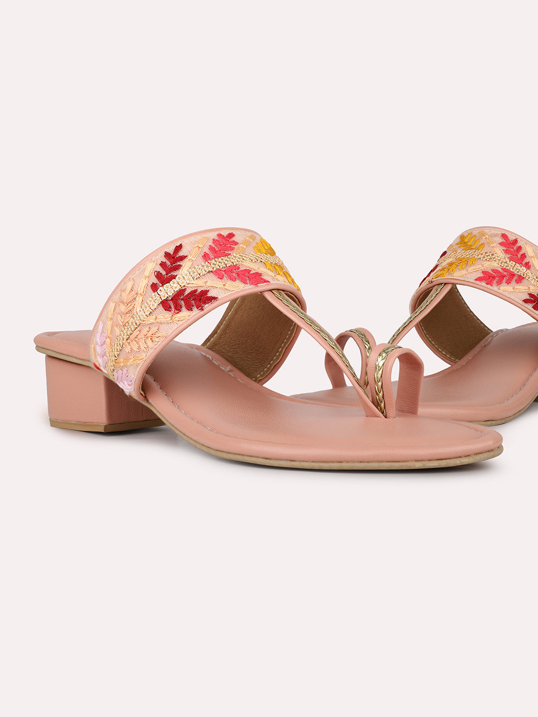 Womens Peach Ethnic Embellished Block Heels