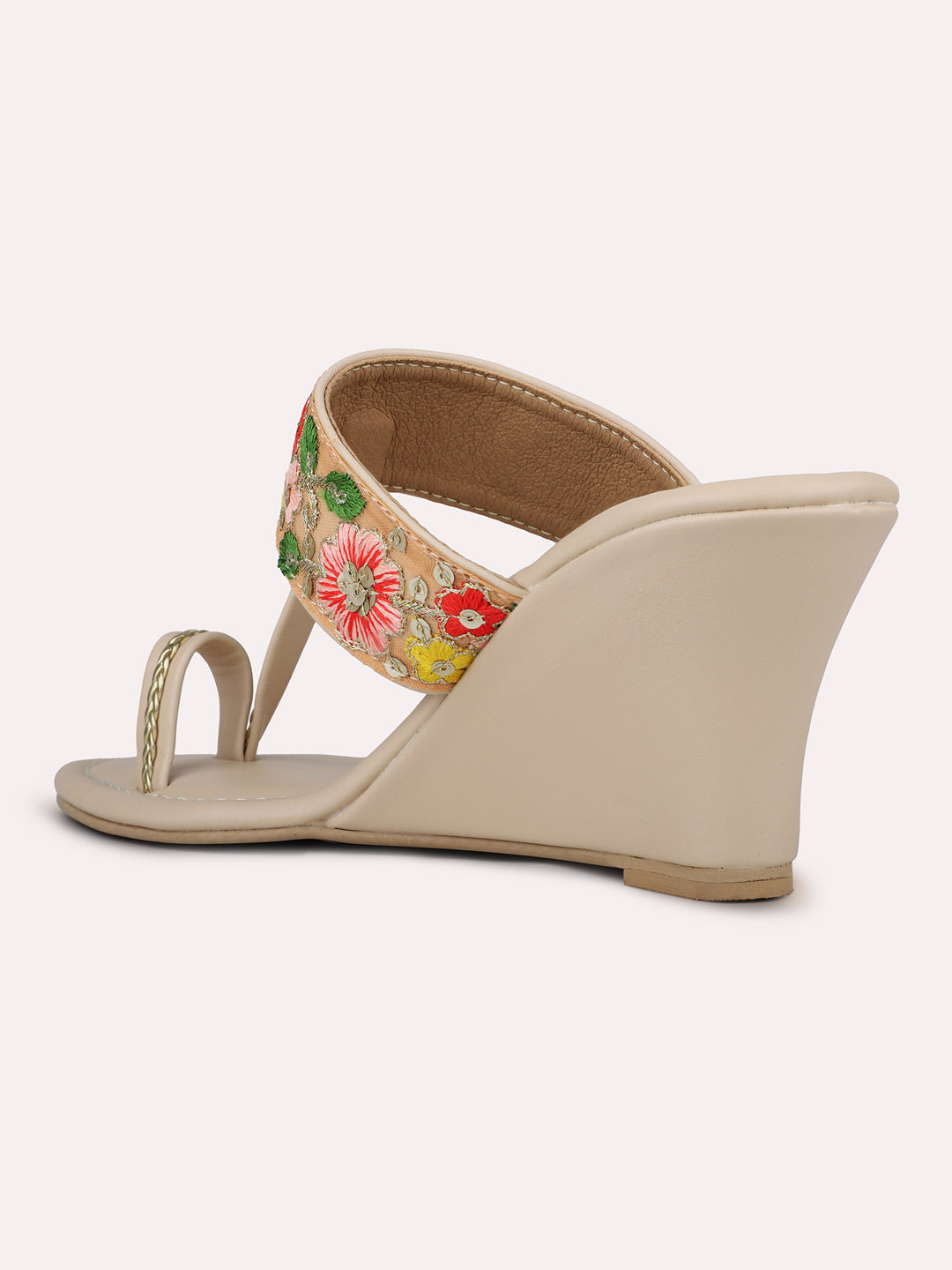 Womens Beige Ethnic Embellished Wedge Heels With Thong