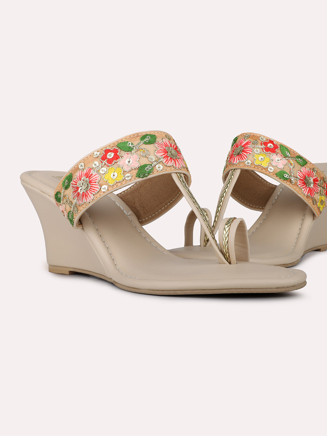 Womens Beige Ethnic Embellished Wedge Heels With Thong