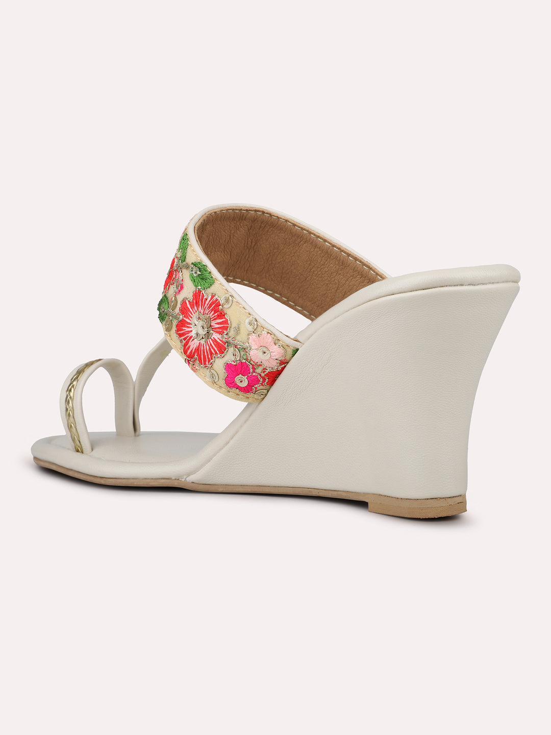 Womens Cream Ethnic Embellished Wedge Heels With Thong