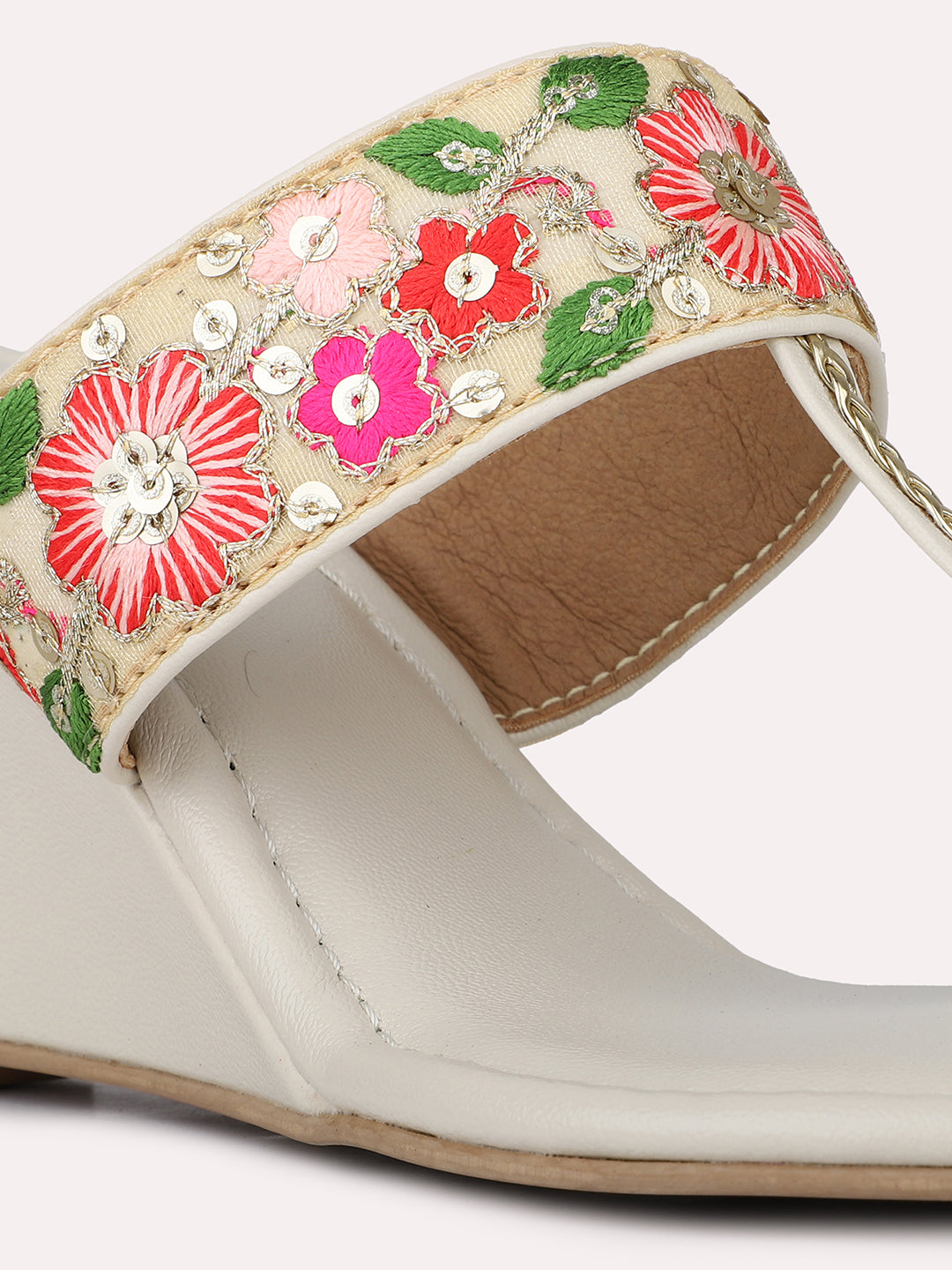 Womens Cream Ethnic Embellished Wedge Heels With Thong