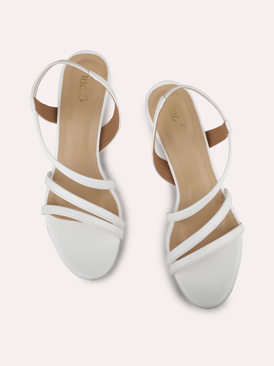 Womens White Party Wear Striped Round Toe Heels