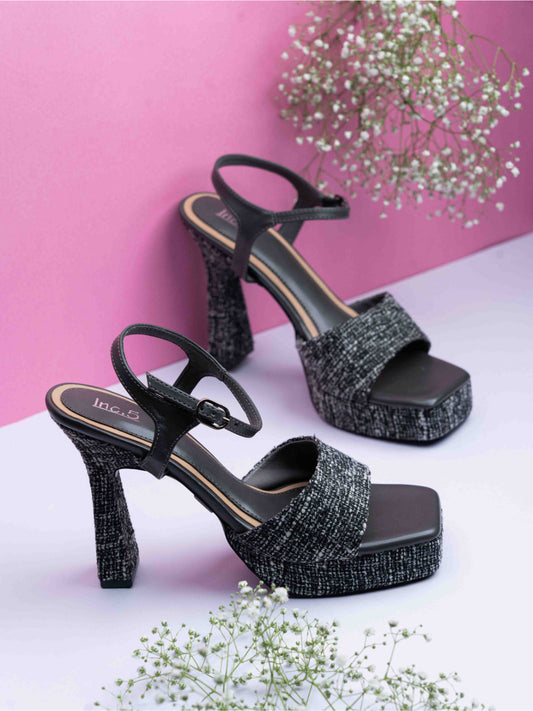 Womens Grey Party Wear Printed Round Toe Heels