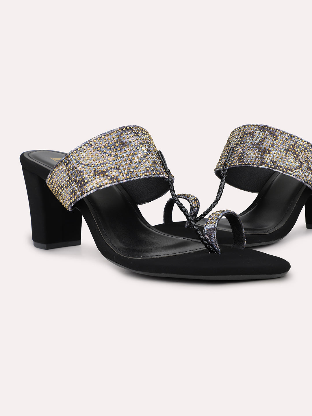 Womens Black Ethnic Printed Round Toe Block Heels