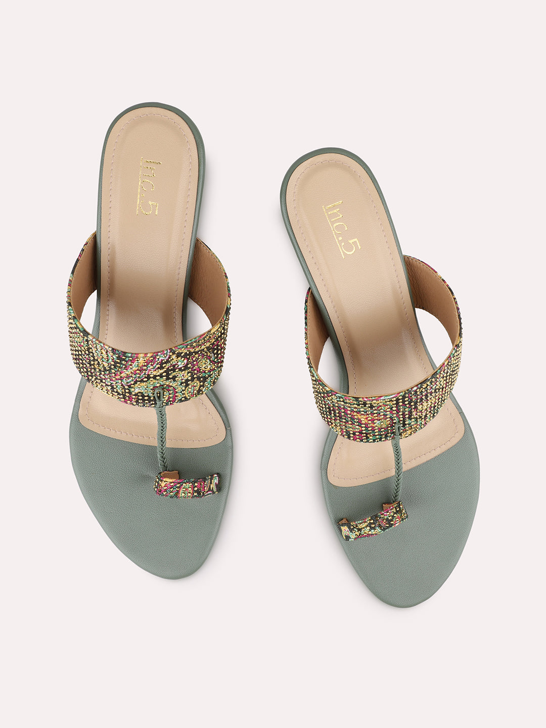 Womens Green Ethnic Printed Round Toe Block Heels