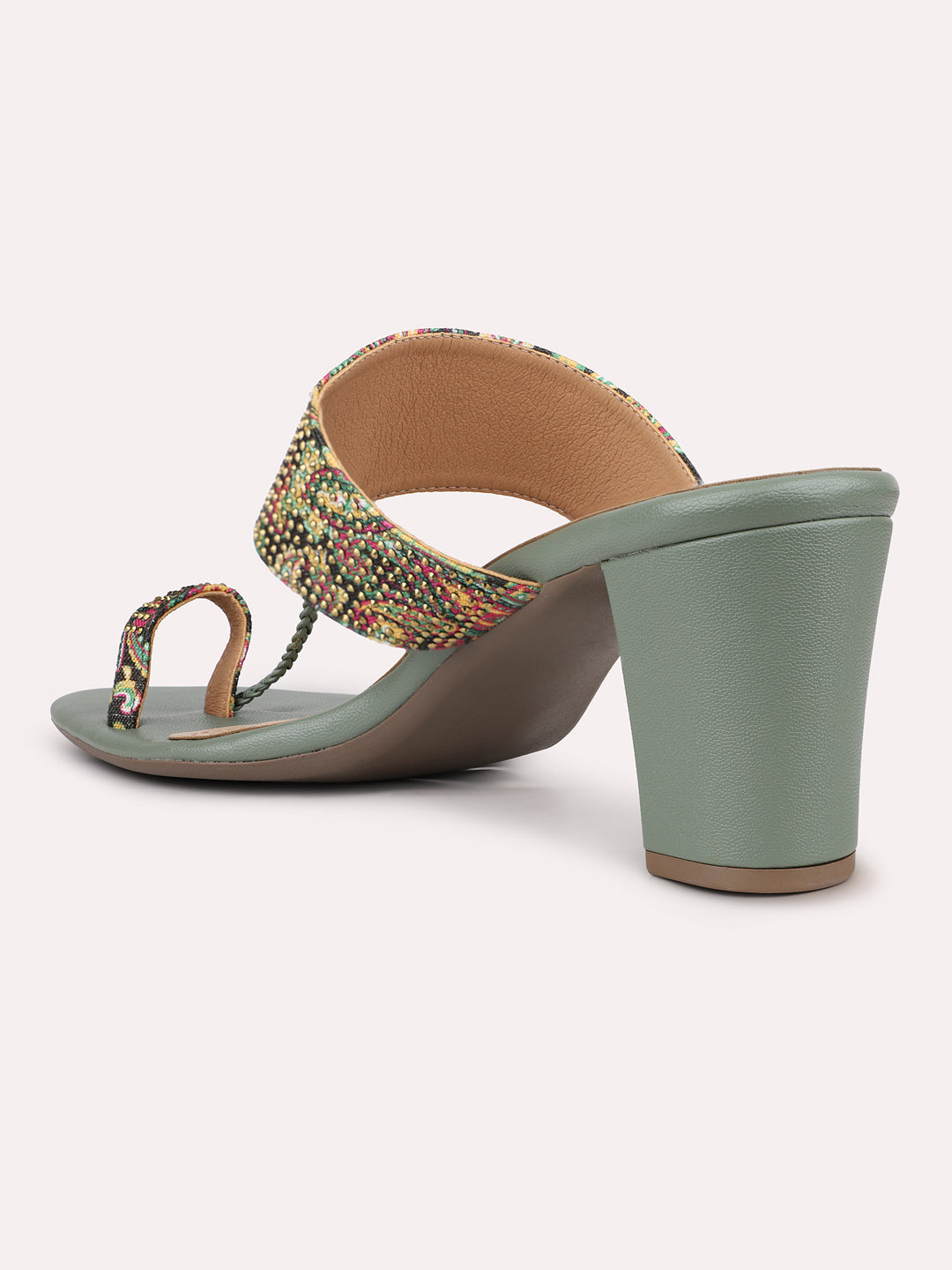 Womens Green Ethnic Printed Round Toe Block Heels