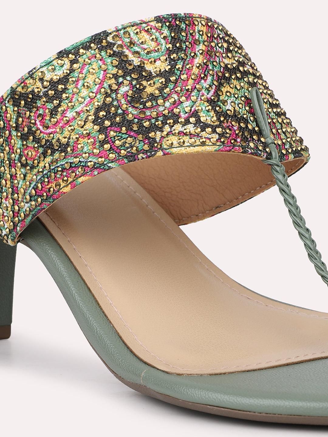 Womens Green Ethnic Printed Round Toe Block Heels