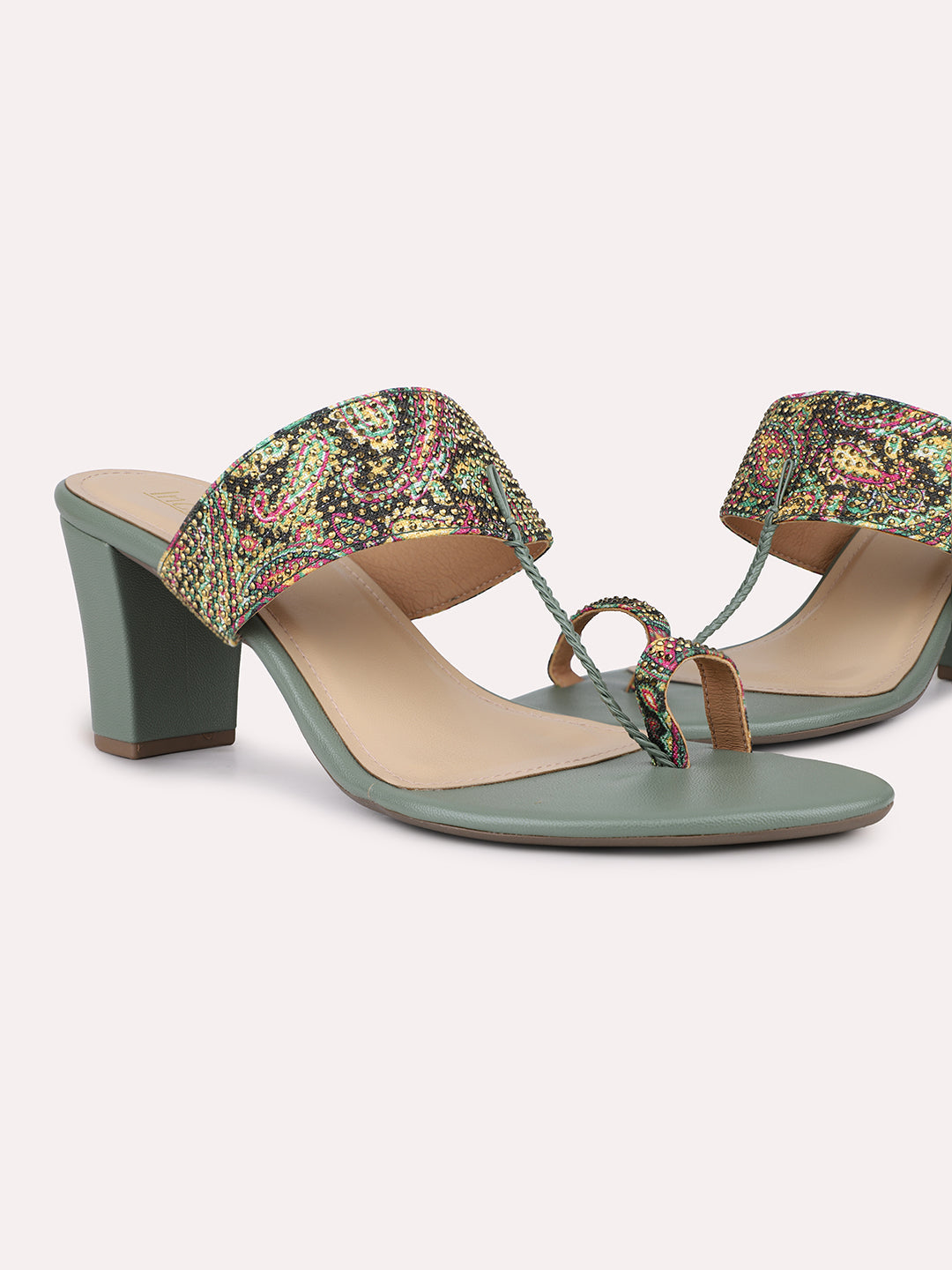 Womens Green Ethnic Printed Round Toe Block Heels