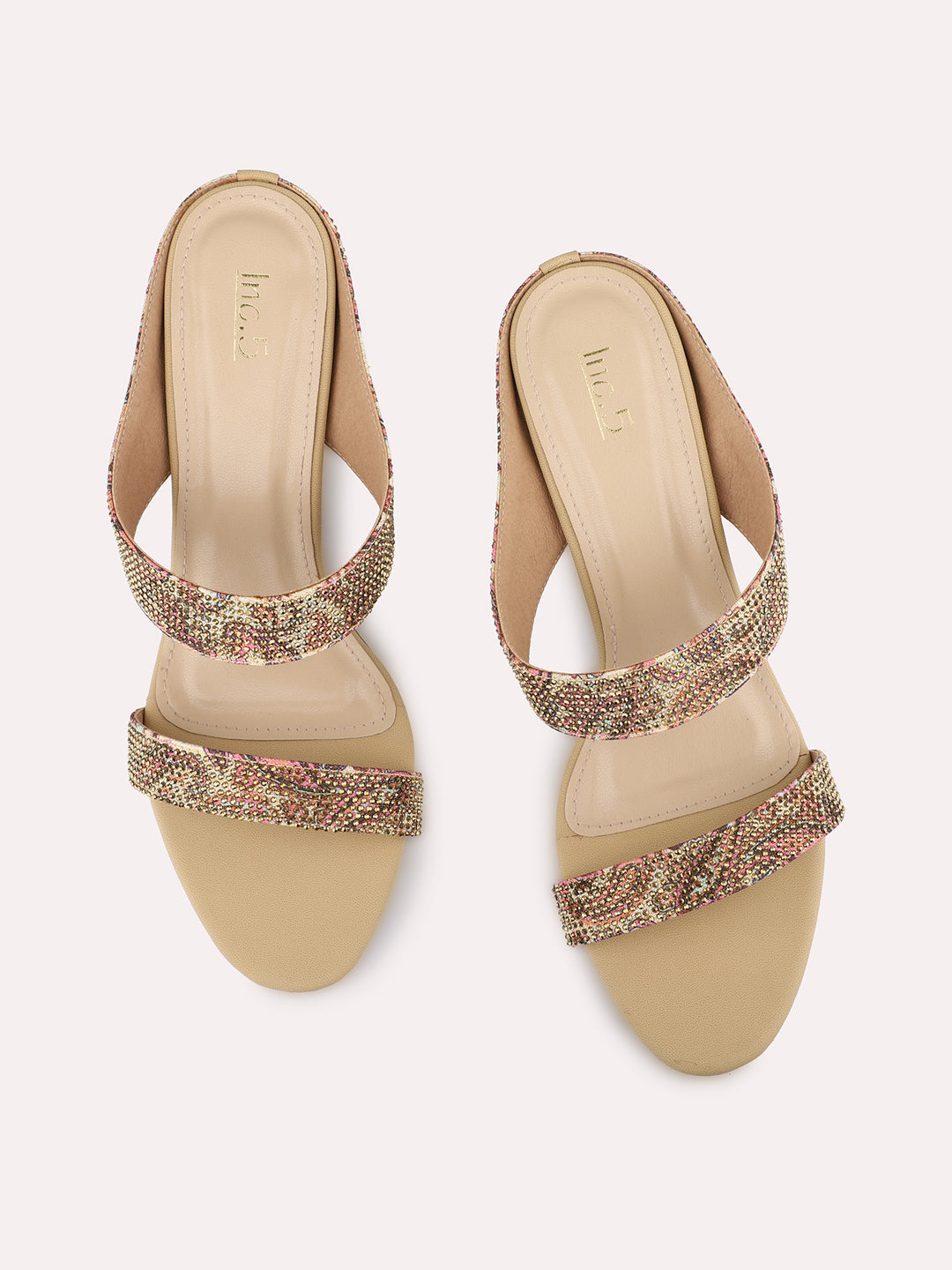 Womens Beige Ethnic Printed Round Toe Block Heels