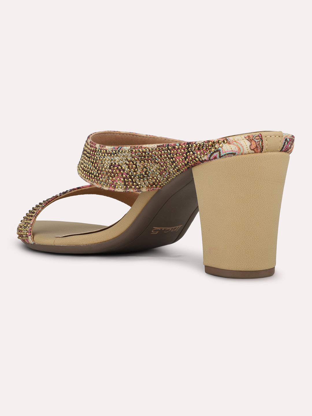 Womens Beige Ethnic Printed Round Toe Block Heels