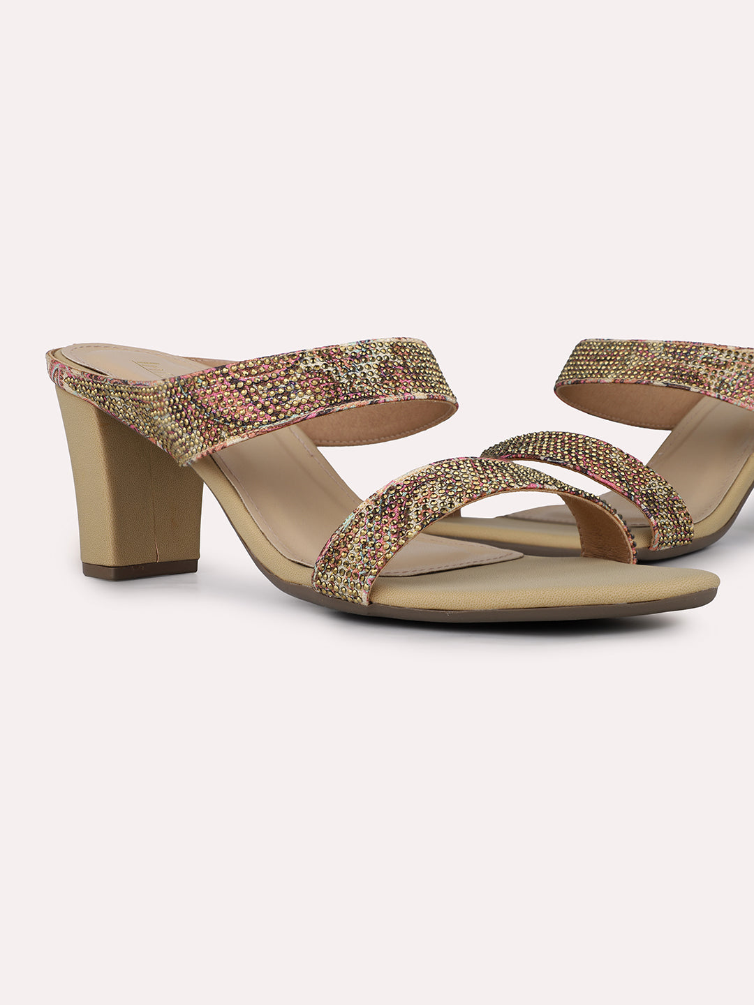 Womens Beige Ethnic Printed Round Toe Block Heels