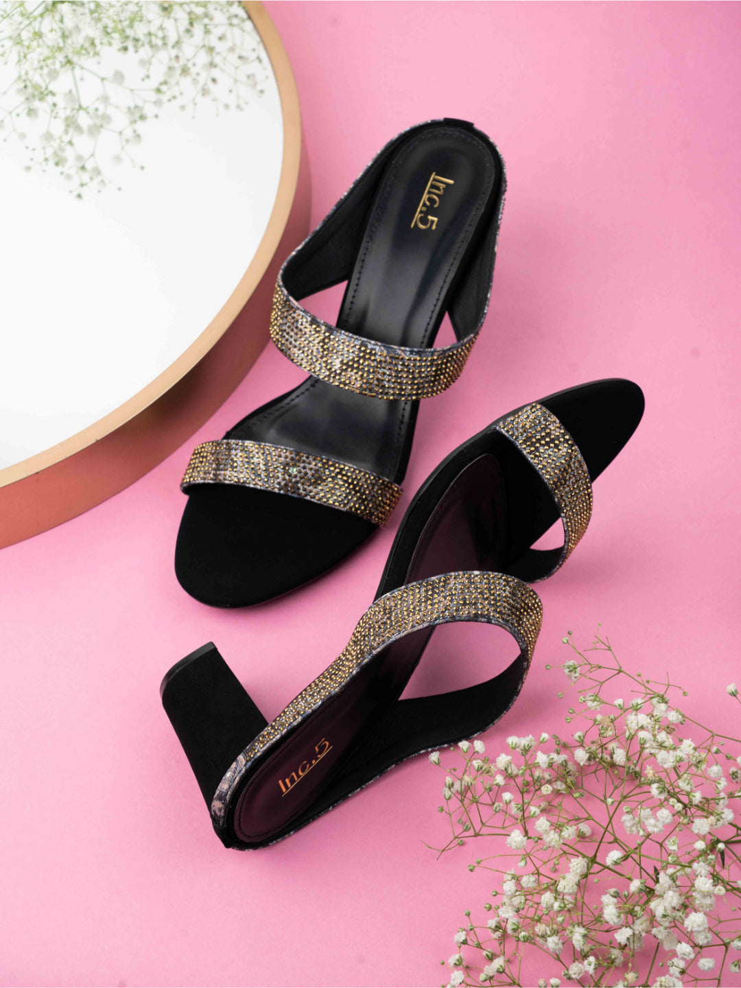 Womens Black Ethnic Printed Round Toe Block Heels