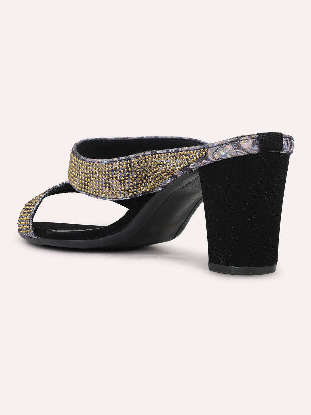 Womens Black Ethnic Printed Round Toe Block Heels