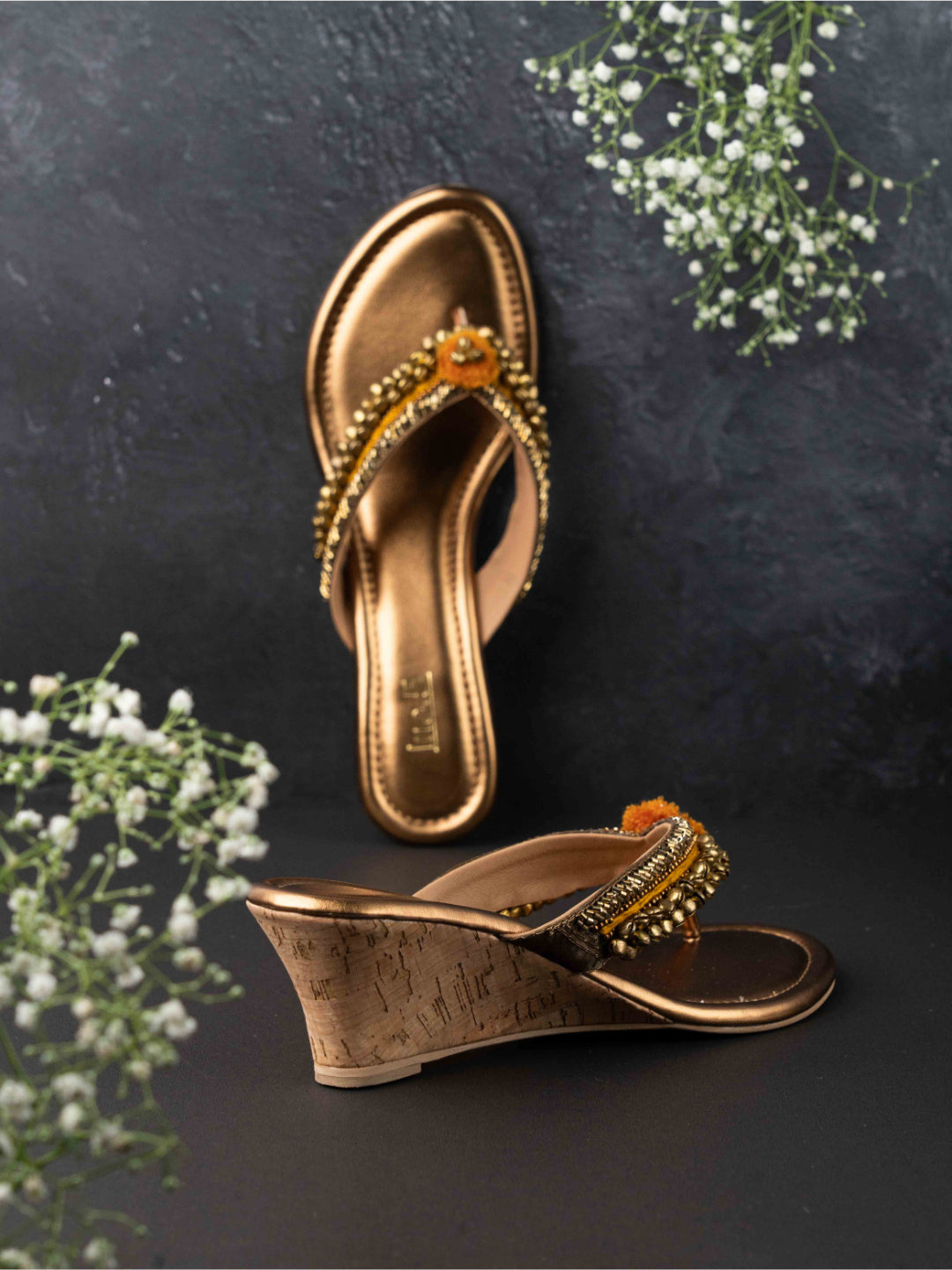 Womens Gold Ethnic Embellished Round Toe Wedge Heels