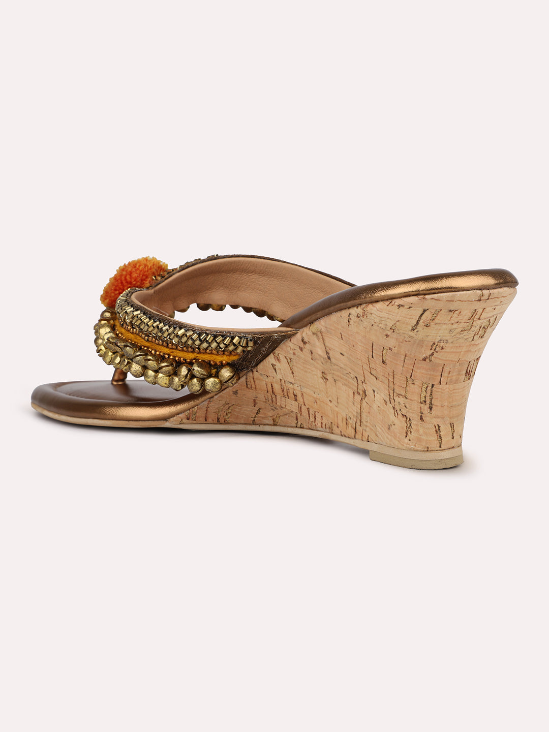 Womens Gold Ethnic Embellished Round Toe Wedge Heels