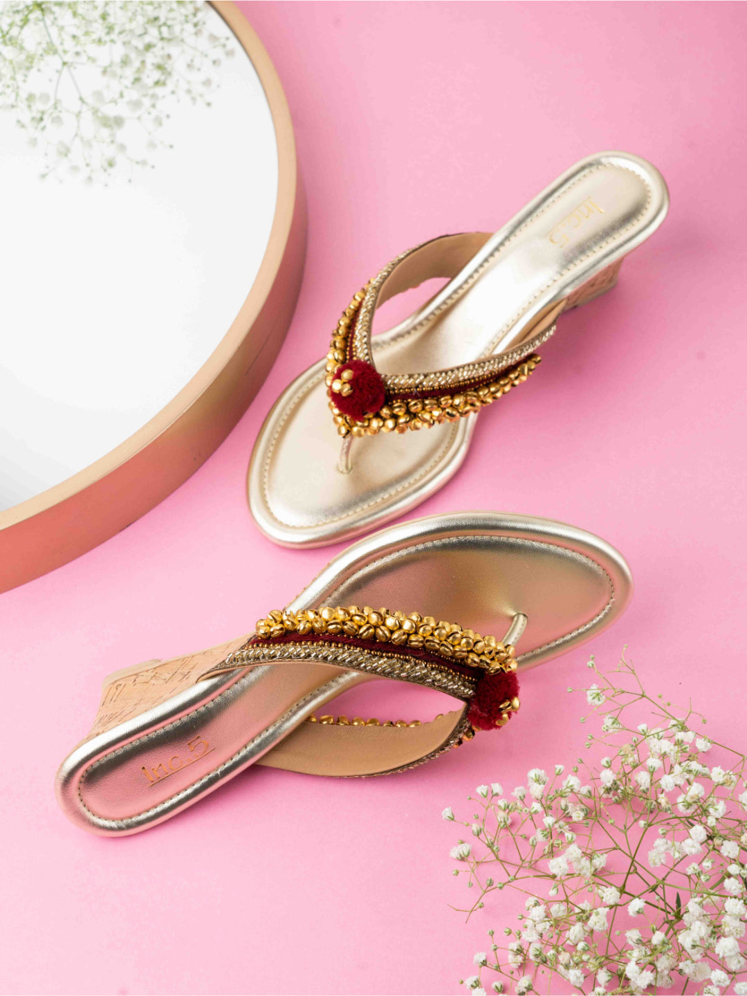 Womens Gold Ethnic Embellished Round Toe Wedge Heels