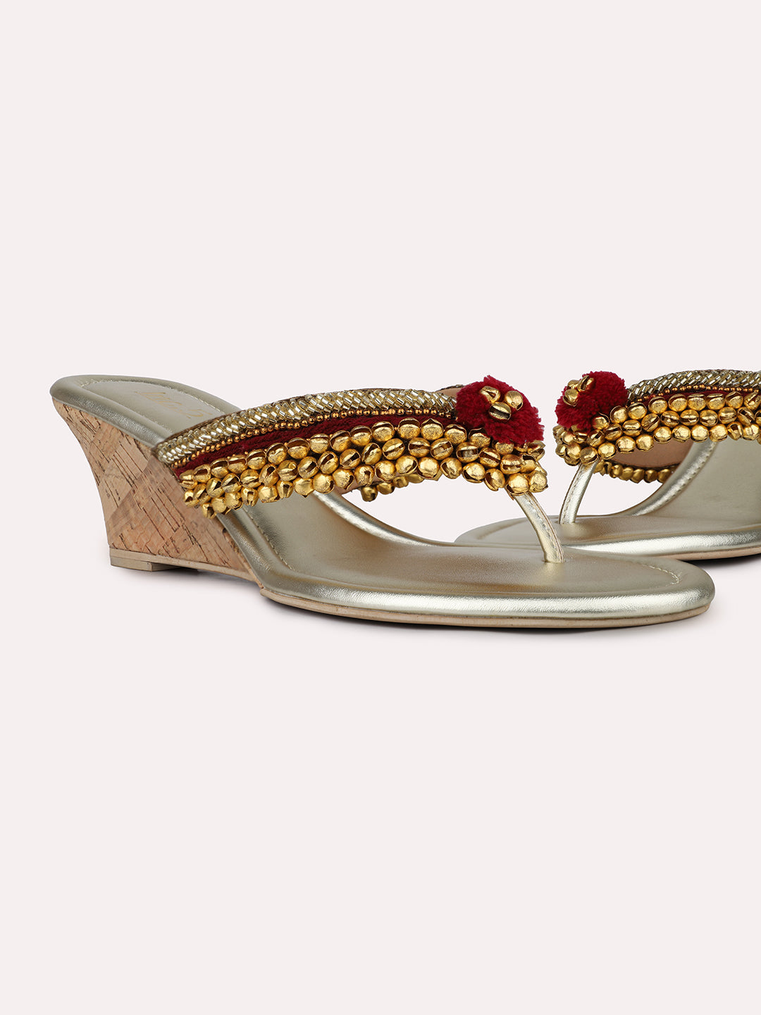 Womens Gold Ethnic Embellished Round Toe Wedge Heels