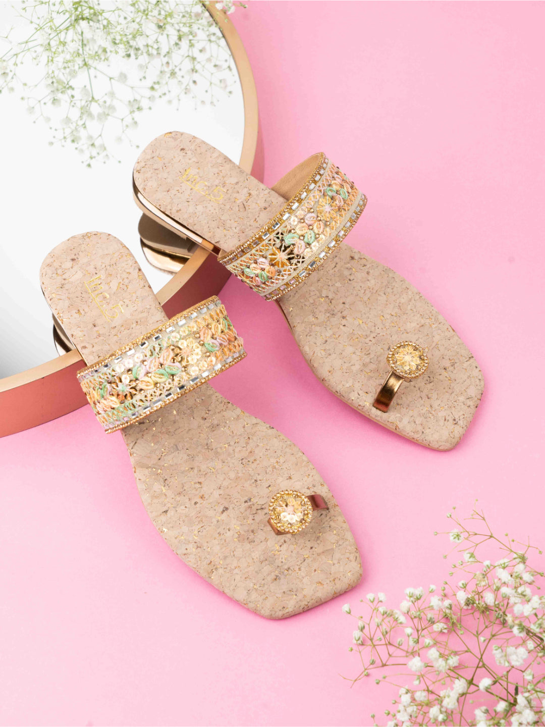 Womens Gold Ethnic Embellished Square Flats