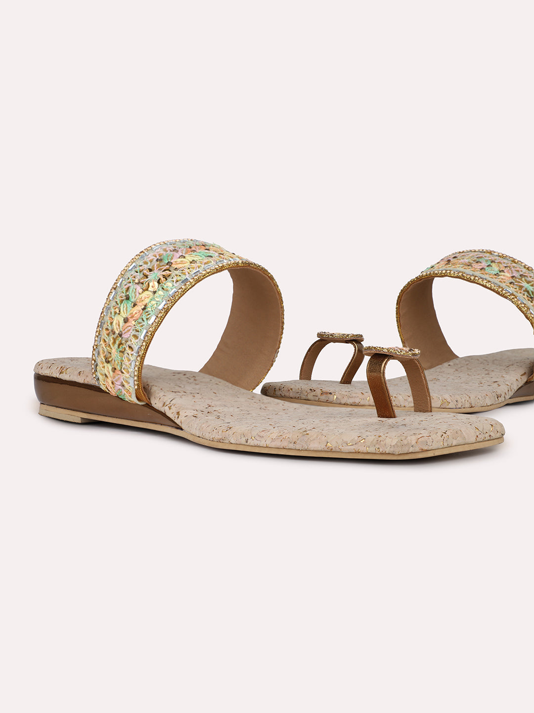 Womens Gold Ethnic Embellished Square Flats