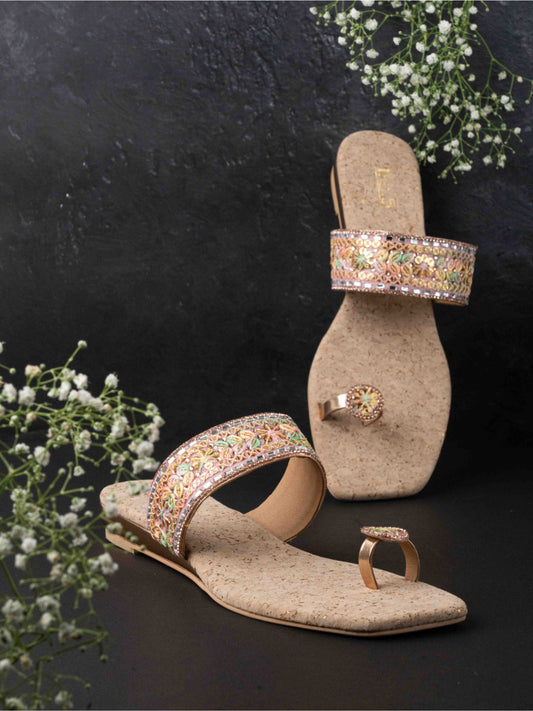 Womens Rose Gold Ethnic Embellished Square Flats