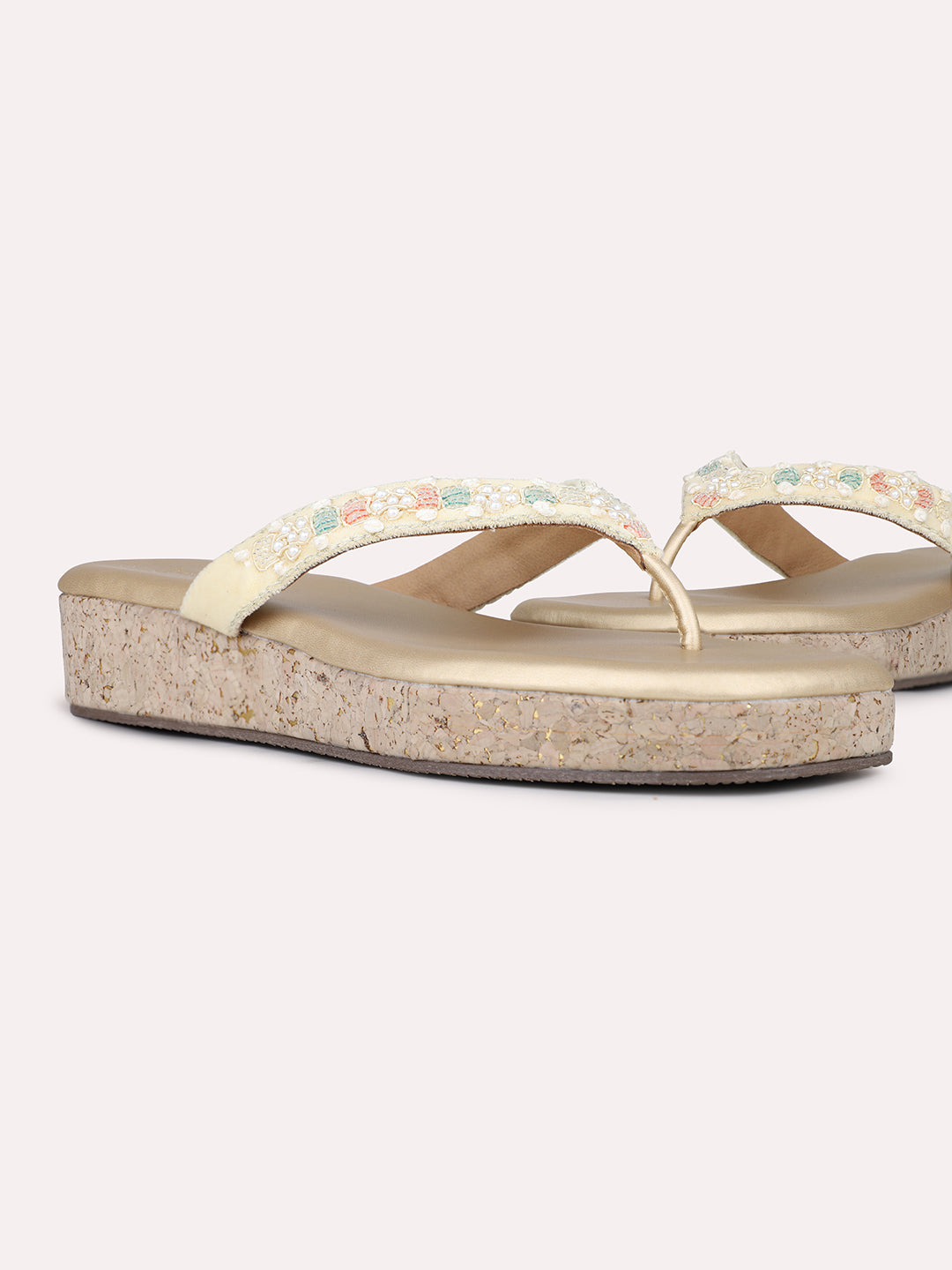 Womens Beige Ethnic Embellished Round Toe Casual Sandals