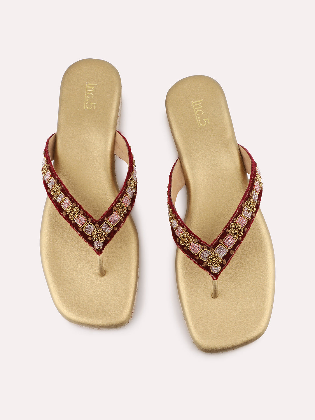 Womens Maroon Ethnic Embellished Round Toe Casual Sandals