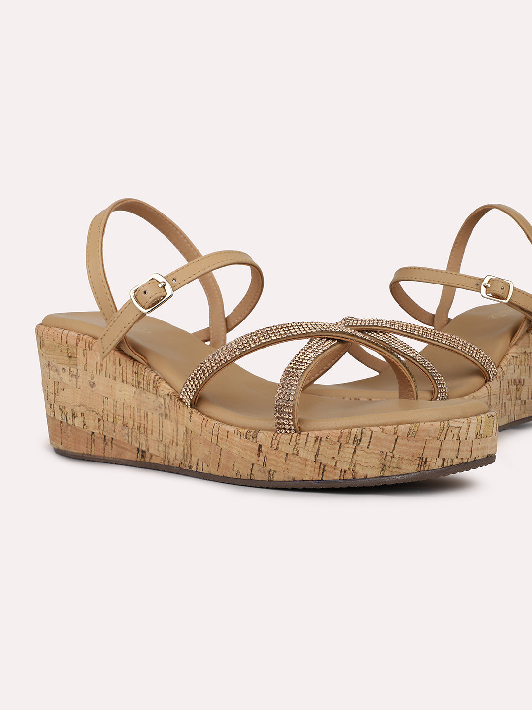 Womens Beige Party Wear Ethnic Striped Wedge Heel Sandals