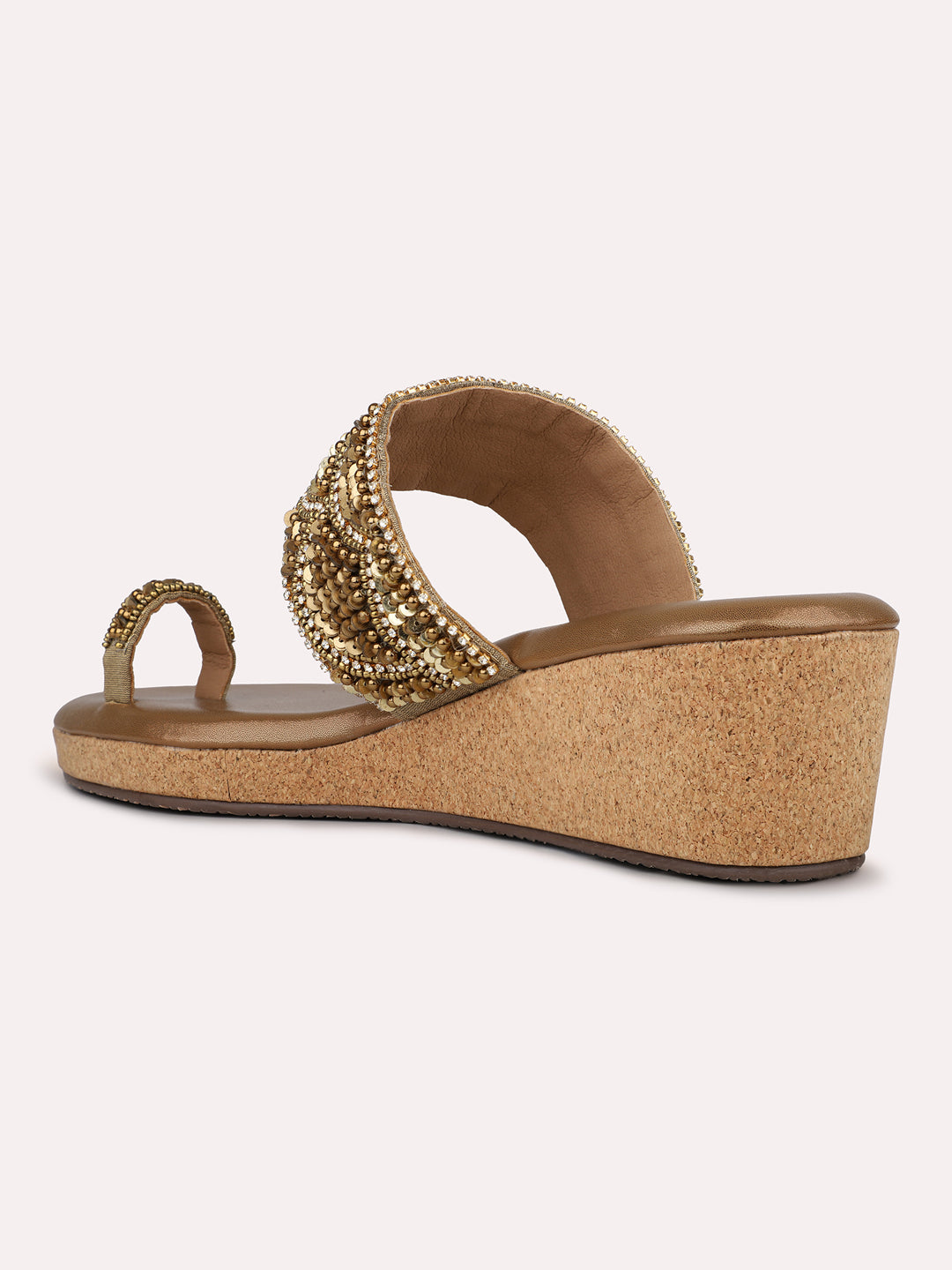 Womens Gold Casual Embellished Round Toe Wedge Heels