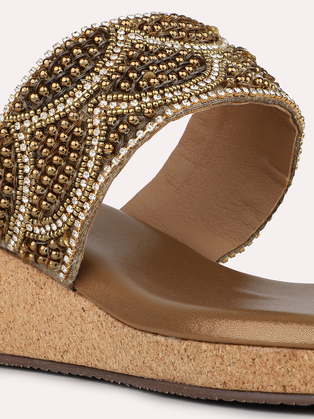 Womens Gold Casual Embellished Round Toe Wedge Heels