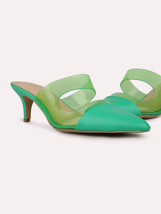 Womens Green Party Wear Transparent Pointed Heels