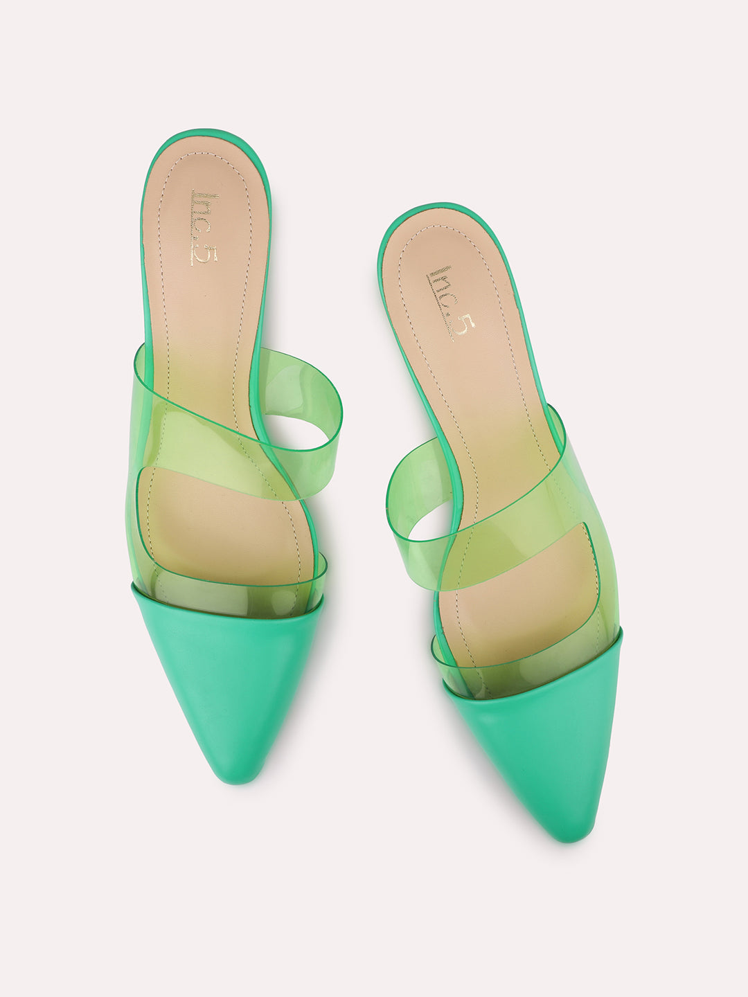 Womens Green Party Wear Transparent Pointed Heels