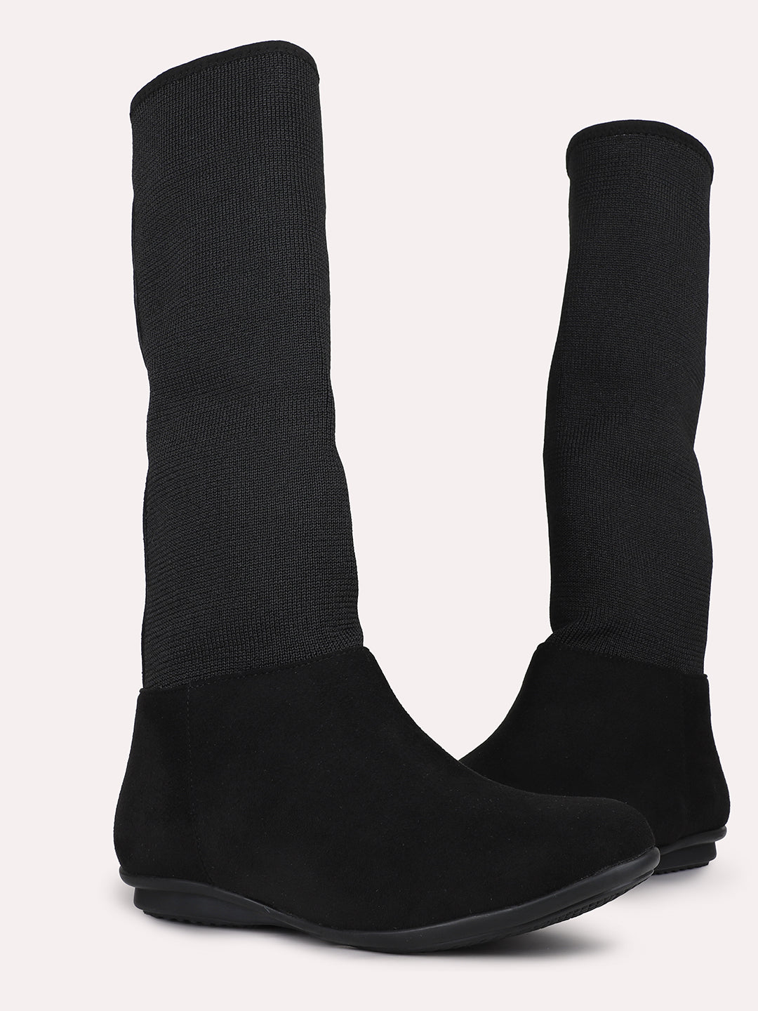 Womens Black Casual Solid Round Toe Boots