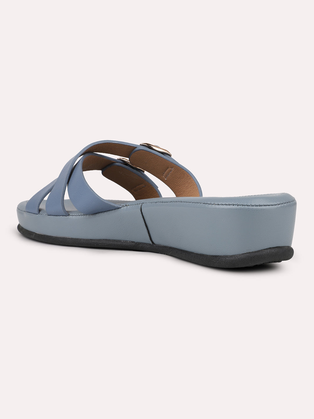 Womens Blue Casual Double Strap Round Toe Comfort Flats