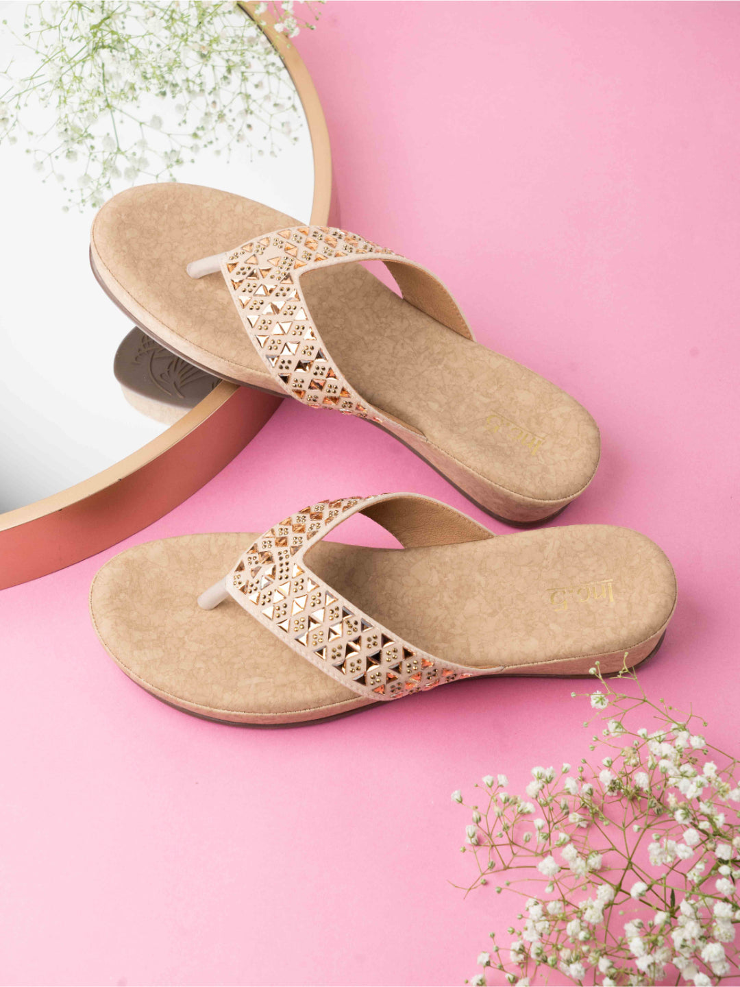 Womens Beige Casual Embellished Round Toe Comfort Flats