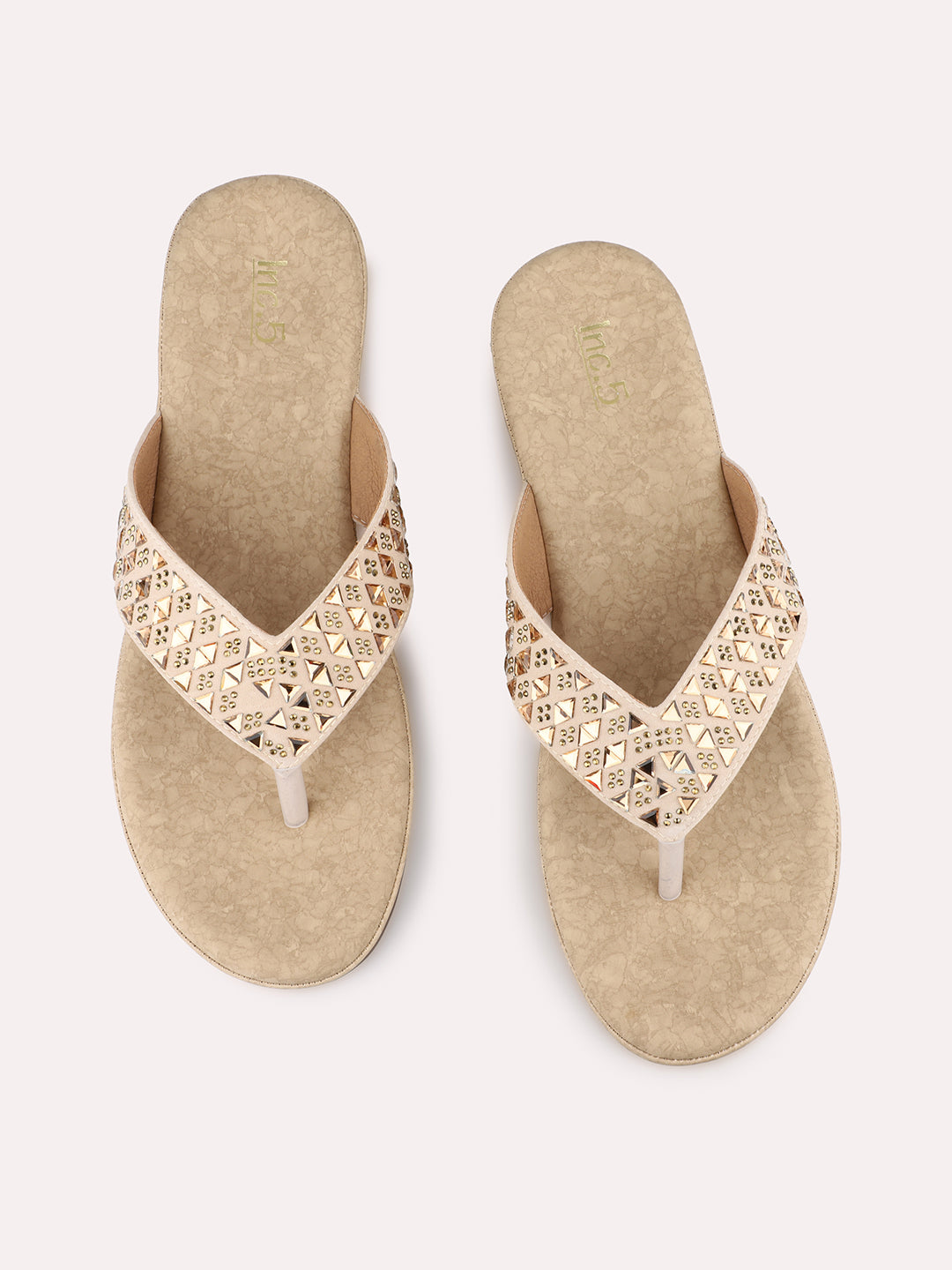 Womens Beige Casual Embellished Round Toe Comfort Flats