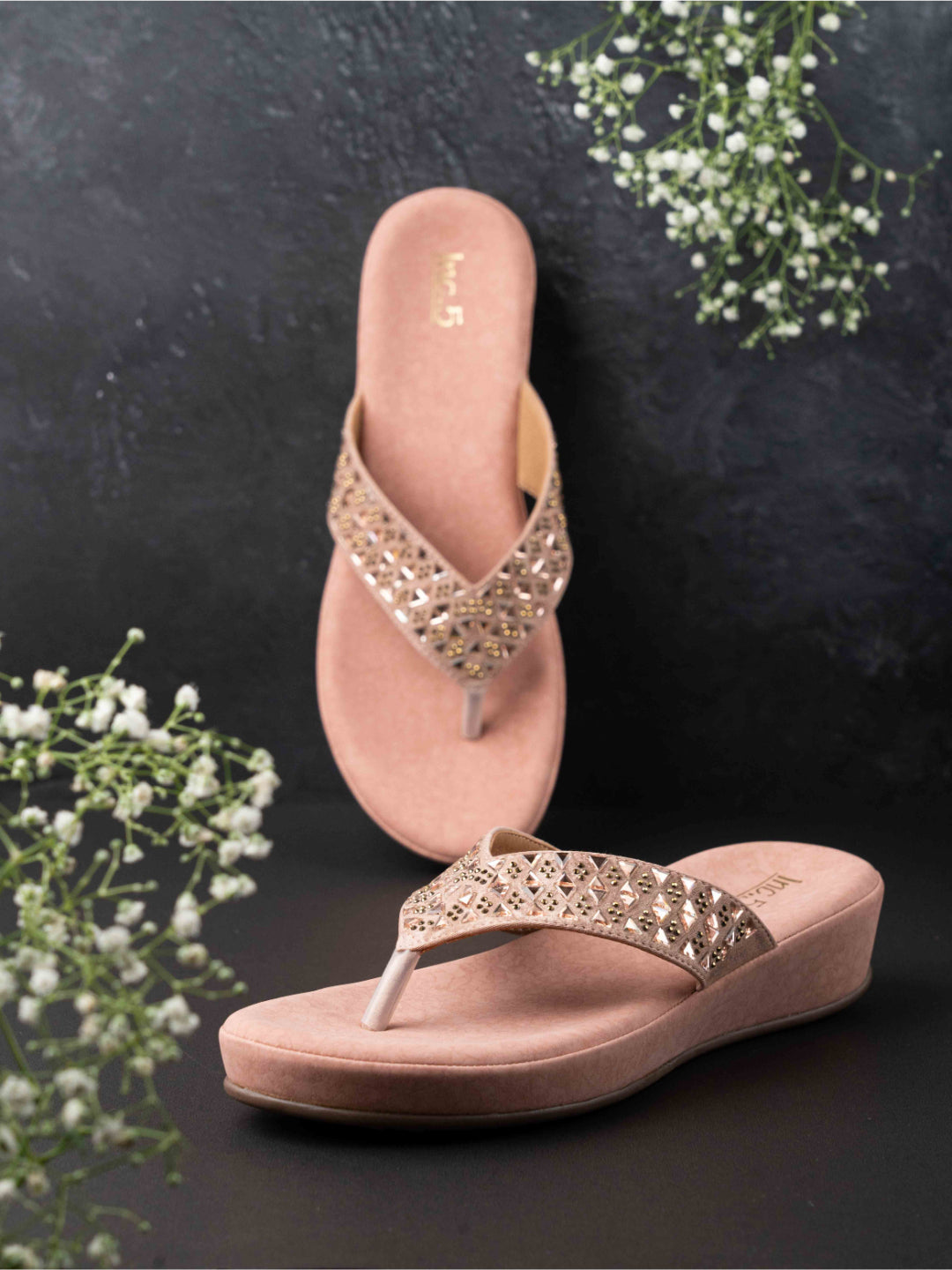 Womens Peach Casual Embellished Round Toe Comfort Flats