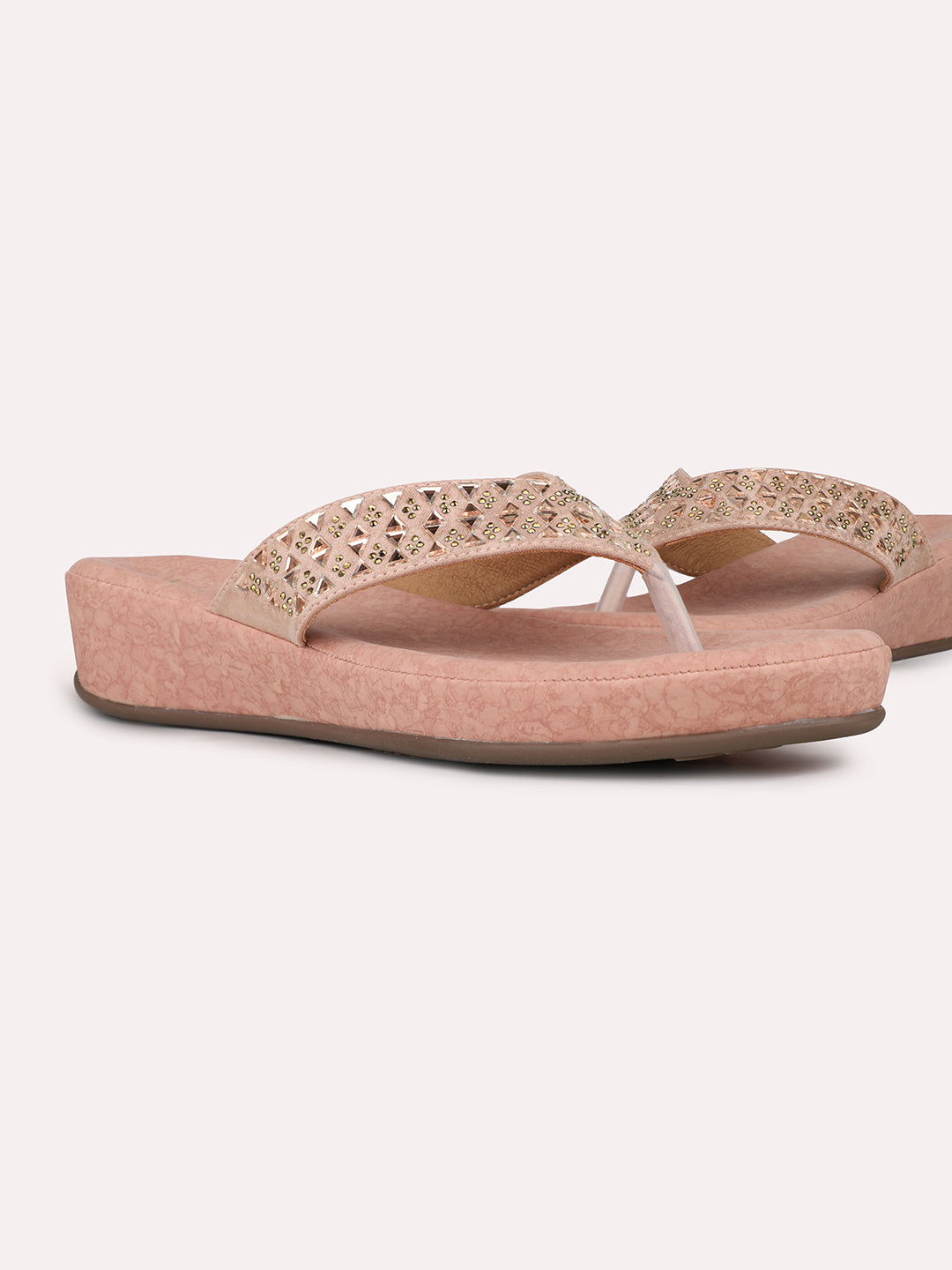 Womens Peach Casual Embellished Round Toe Comfort Flats