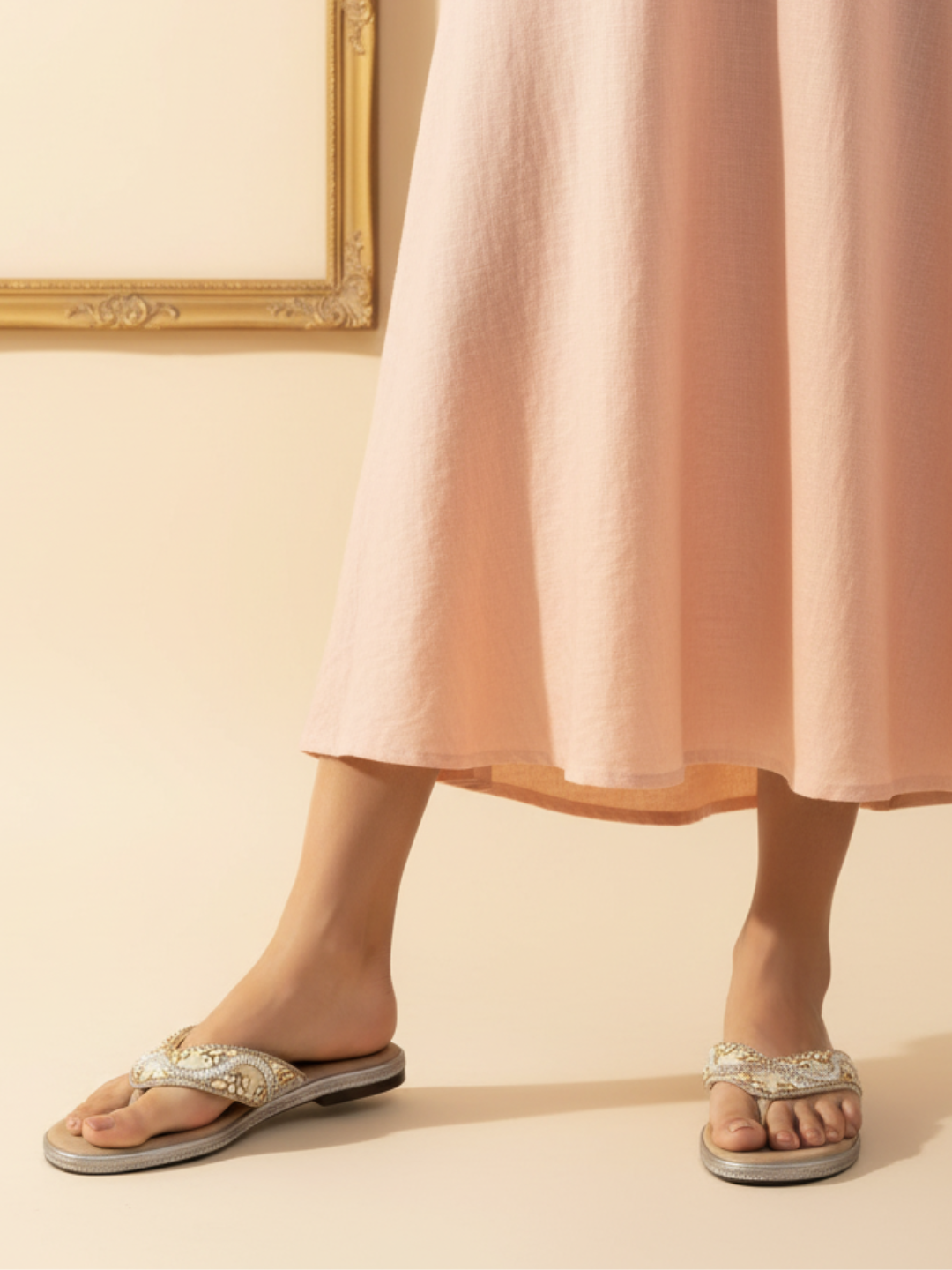 Womens Beige Casual Embellished T-Strap Flats
