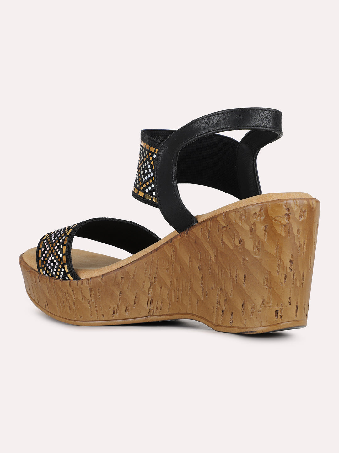 Buy Now Womens Black Party Wear Printed Round Toe Wedges Heel Sandals