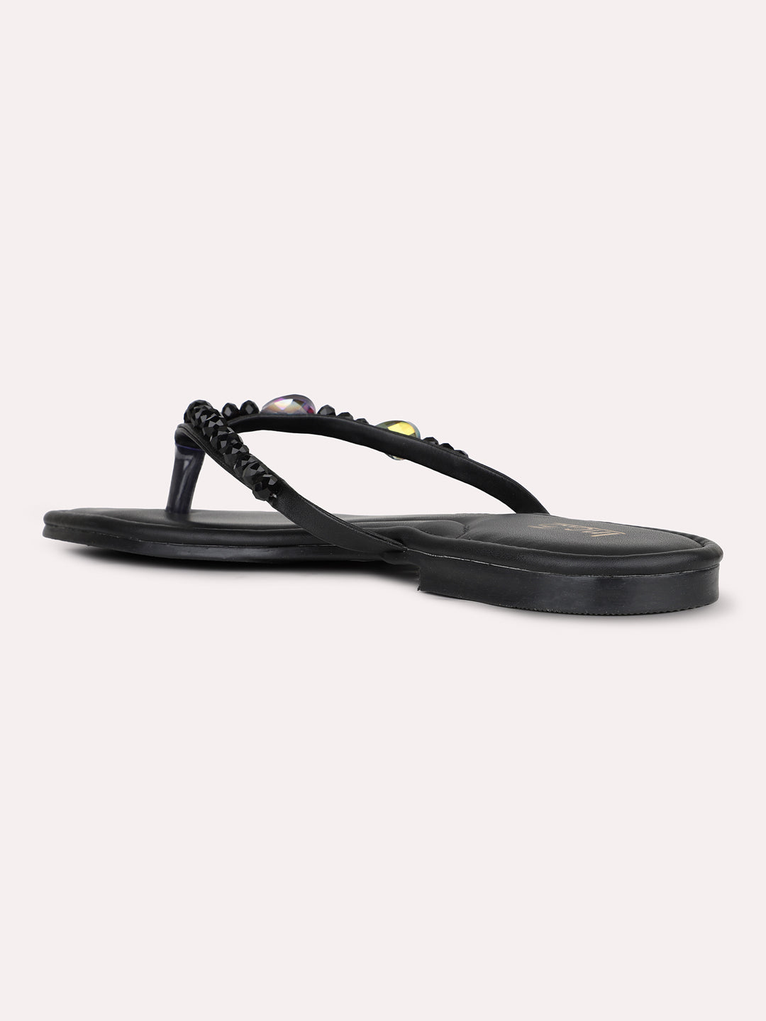 Womens Black Solid V-Strap Casual Slip-On Flats