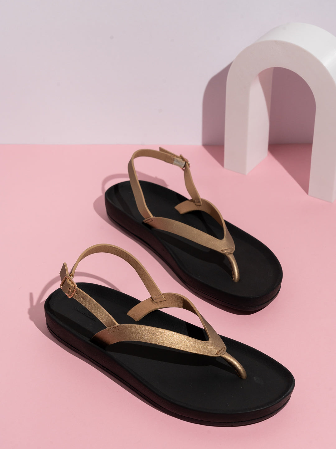 Womens Rose Gold Casual Striped T-Strap Flats