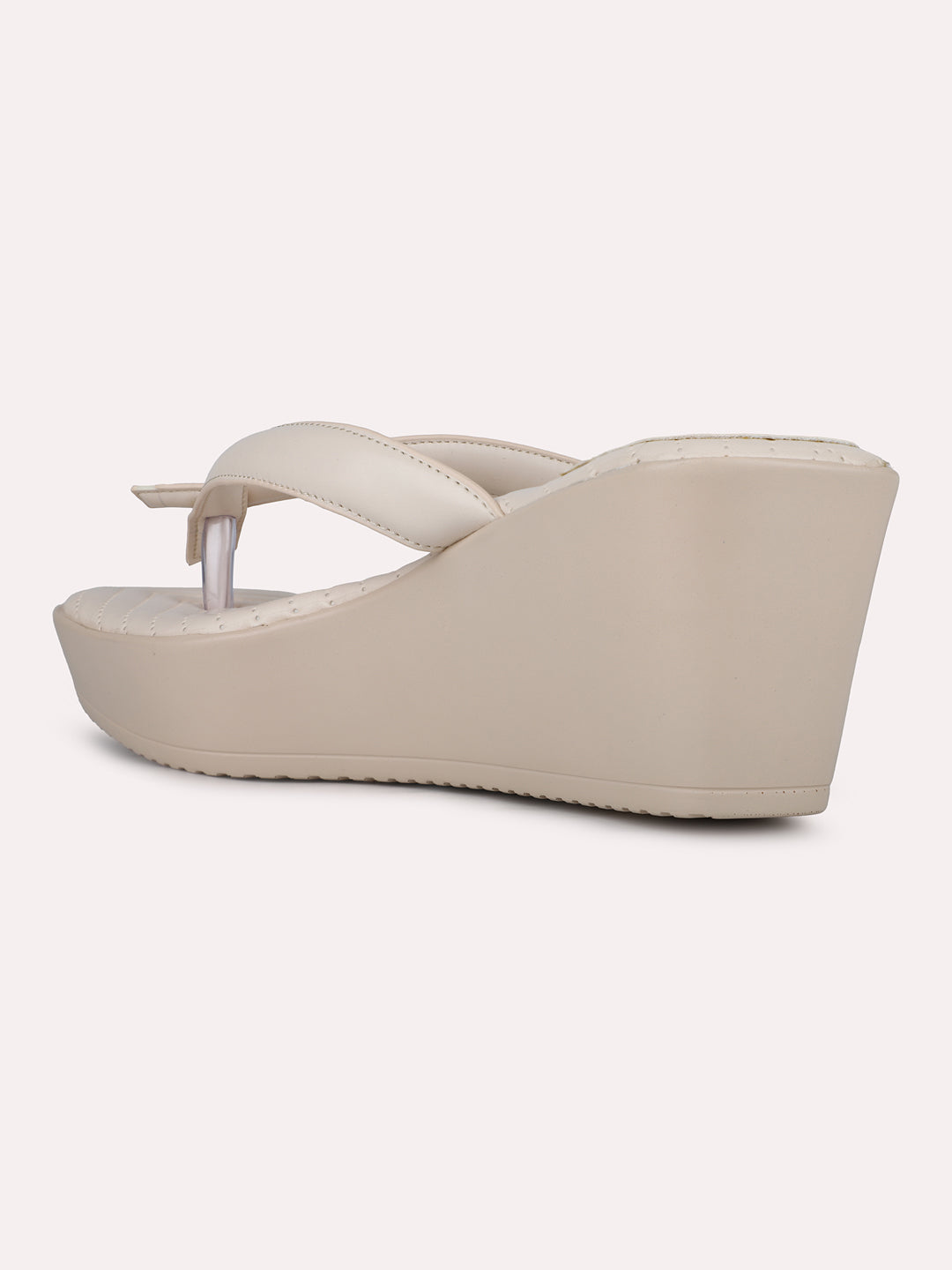 Womens Cream Party Wear Solid Round Toe Wedges Sandals