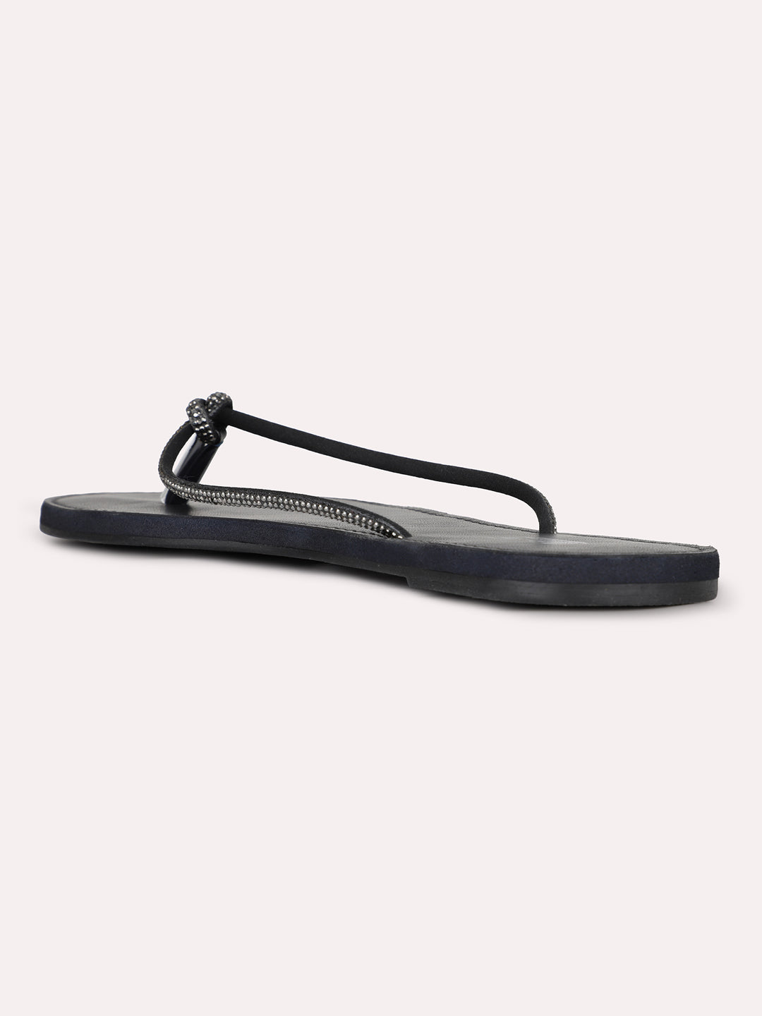 Womens Black Casual Striped T-Strap Flats