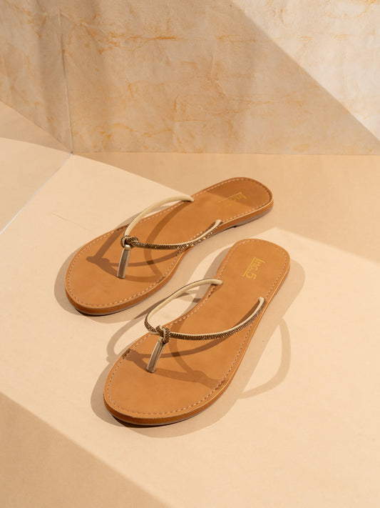 Womens Golden Casual Striped T-Strap Flats